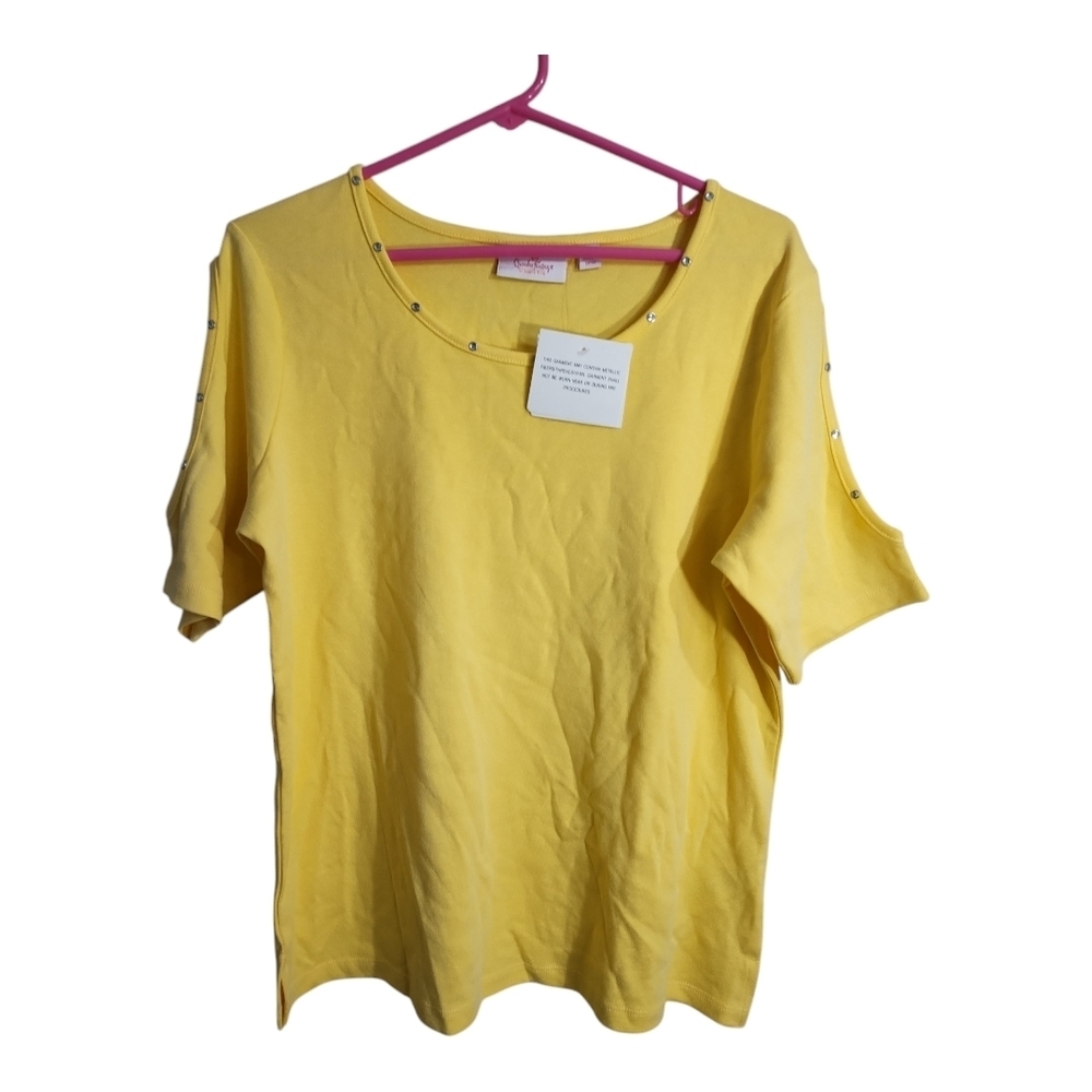 Quacker Factory Yellow Embellished Split Sleeve Casual Preppy Vacation Blouse‎ M